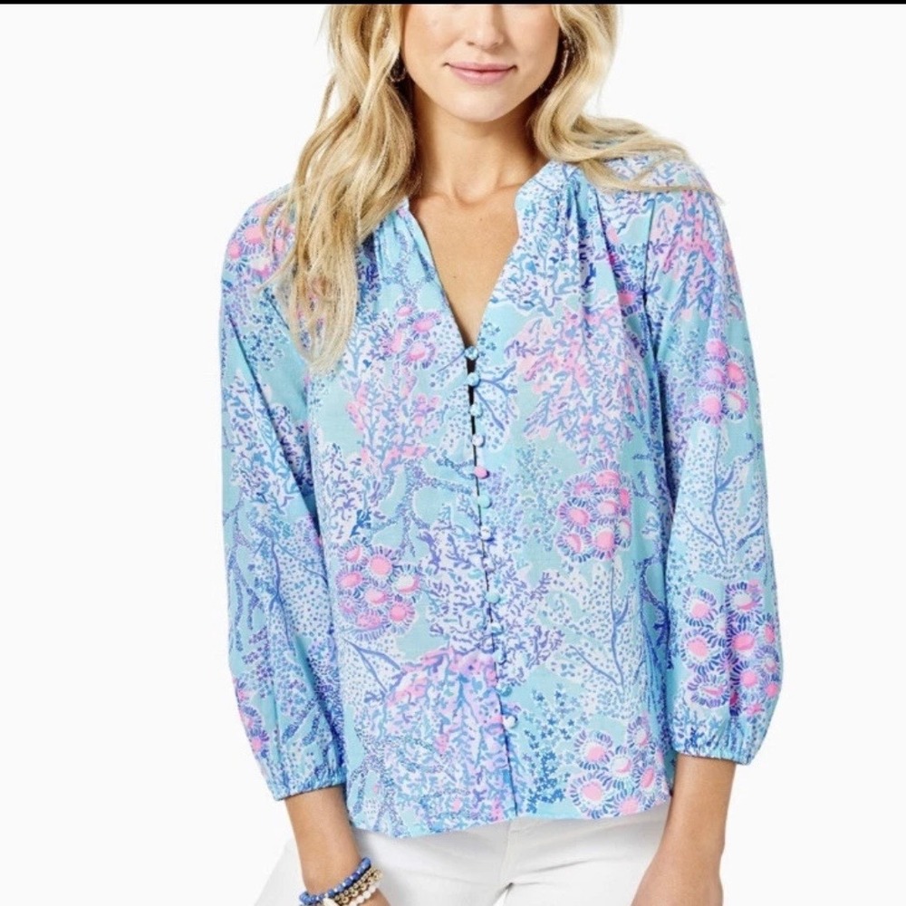 Lilly Pulitzer Coleman Top Now You Sea Me Blue Ibiza Button Up Women's Sz Medium